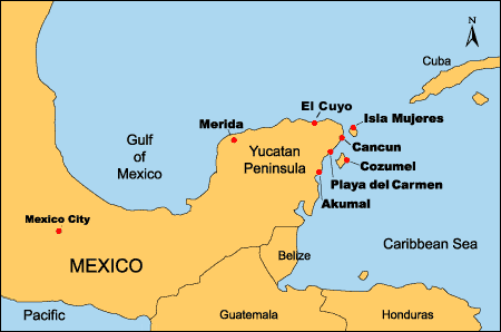 Mapa de la Riviera Maya, con Playa del Carmen